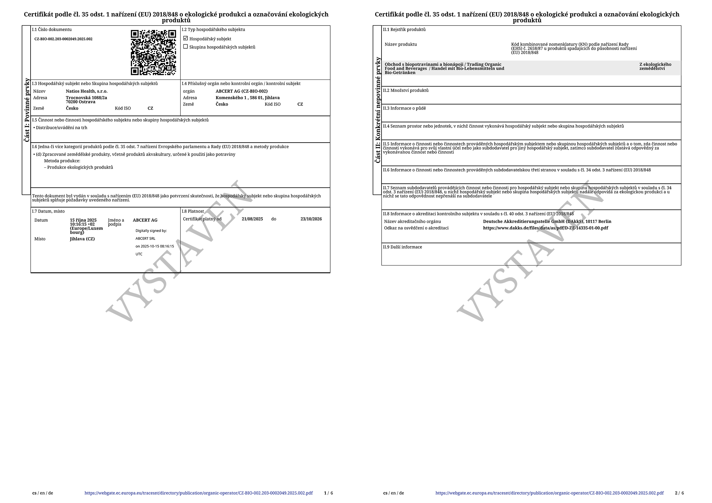 Certifikat BIO 2024 CZ - Natios